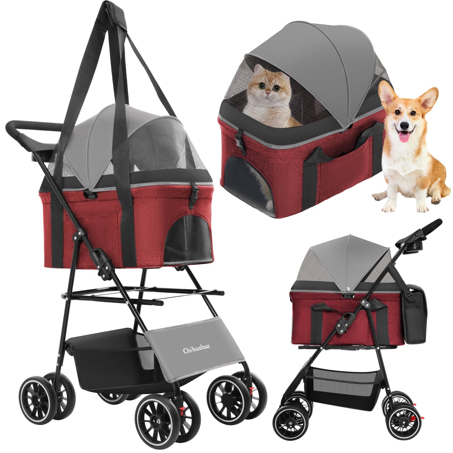 3 in 1 Pet Stroller For Pets, Detachable Carryier