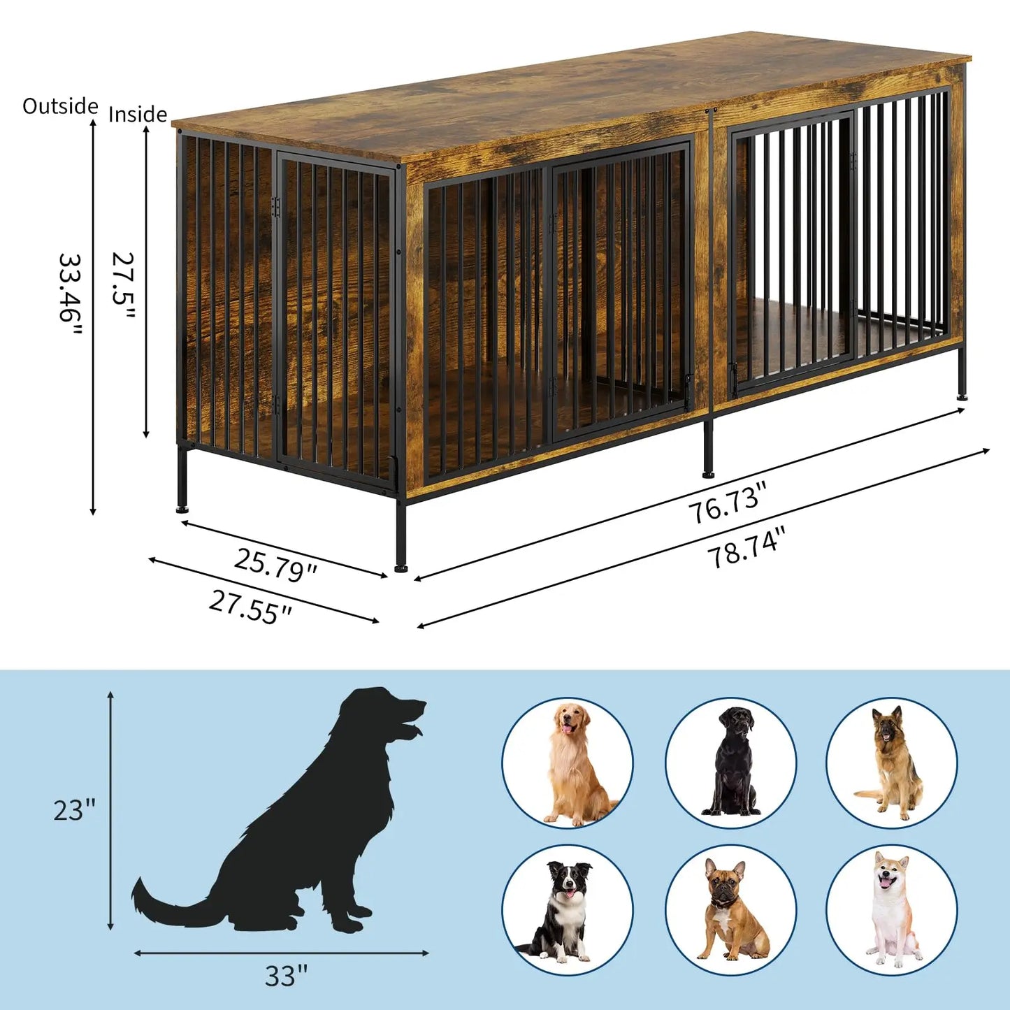 78.74" XL Double Dog Crate Furniture Removable Divider TV Stand