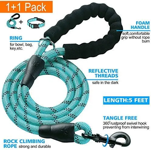 Soft padded reflective collar for dogs+ leash.