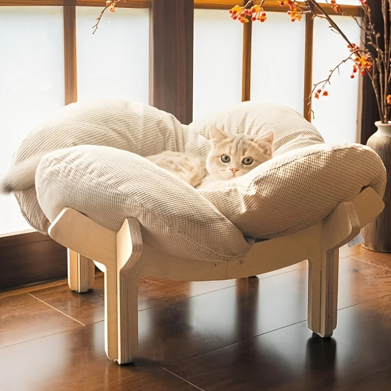 Raised Wooden Cat Bed with a Soft Cushion