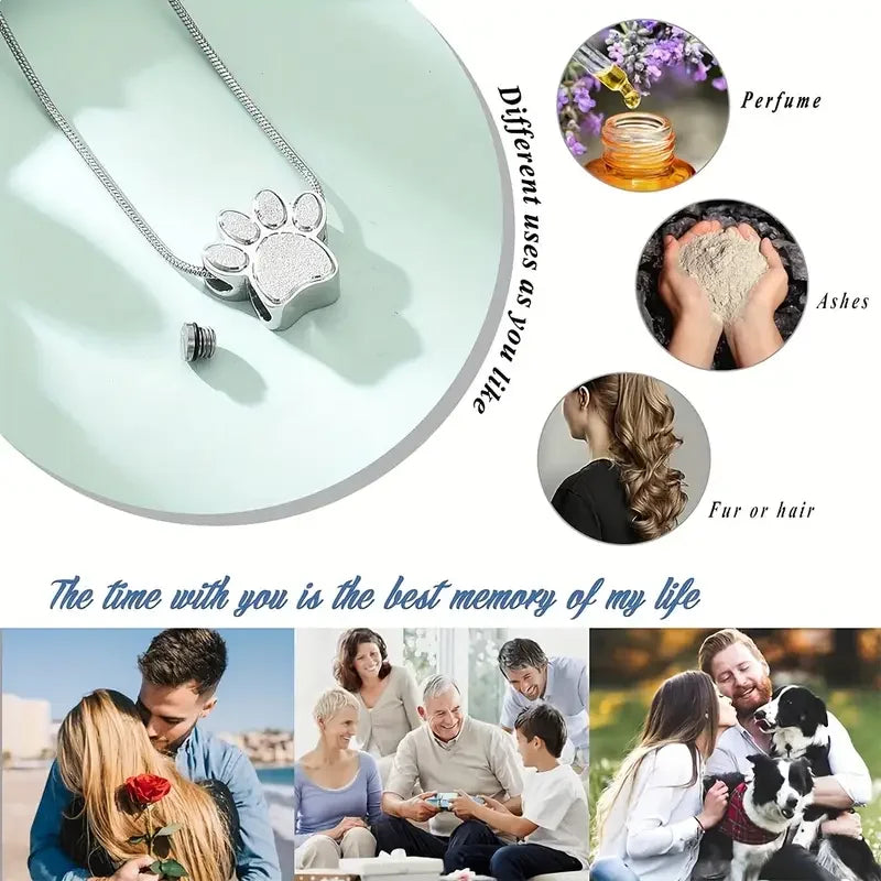 Stainless Steel Openable Paw Print Pet Ashes Urn Necklace