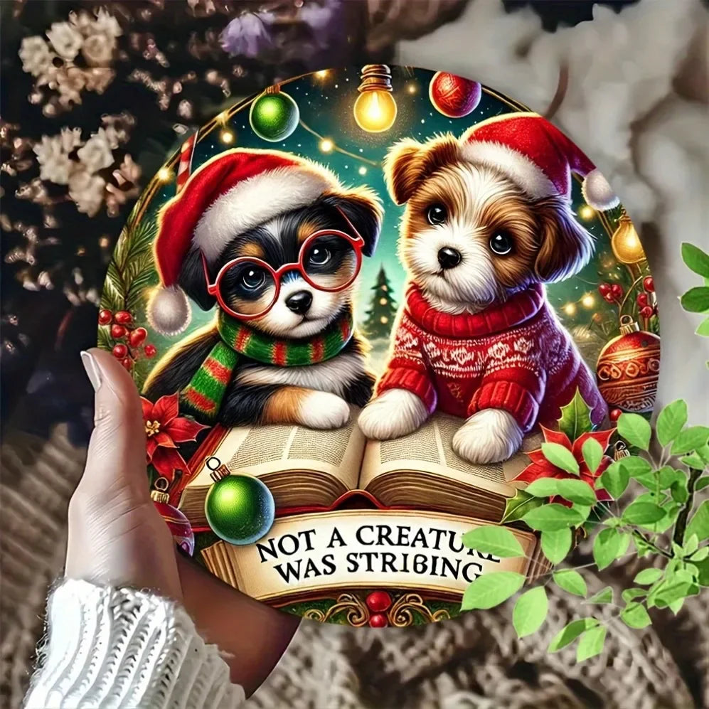 Christmas Eve Metal Sign: Puppy Reading