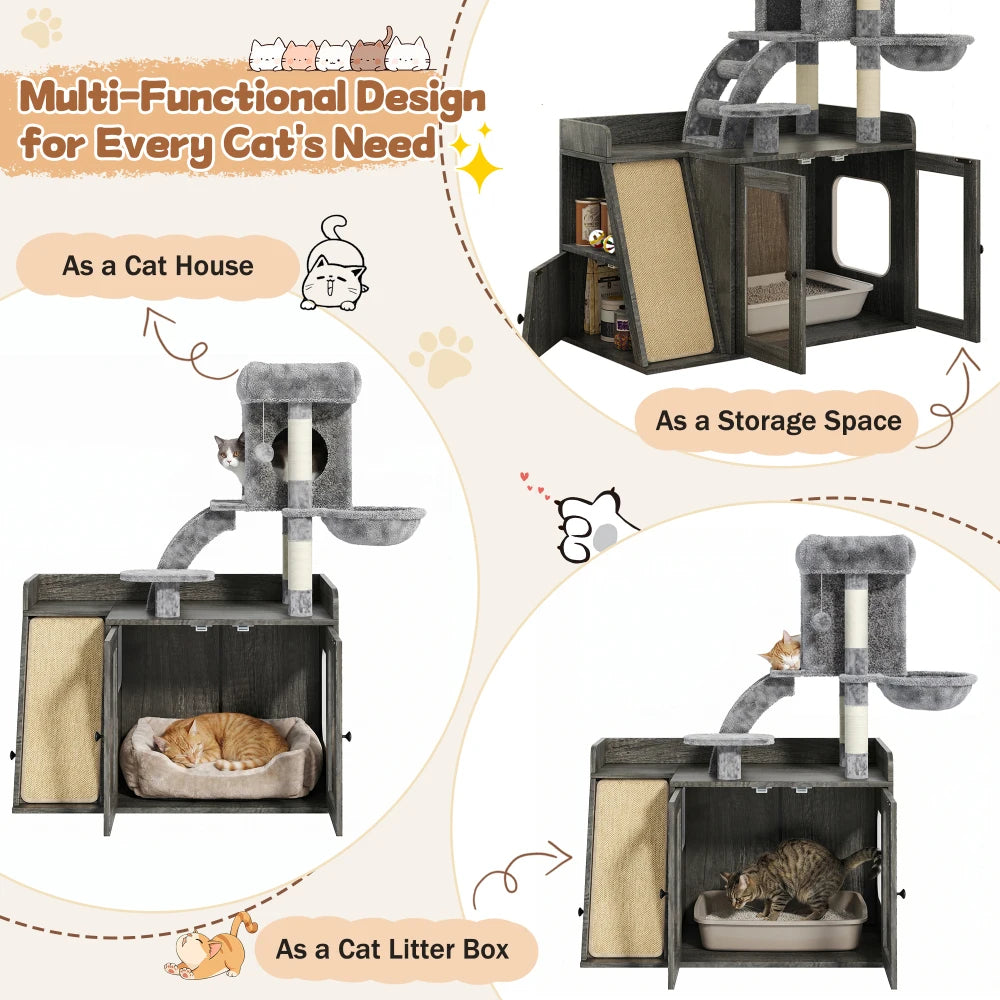 Litter Box Enclosure with Cat Tree, Hidden Litter Box