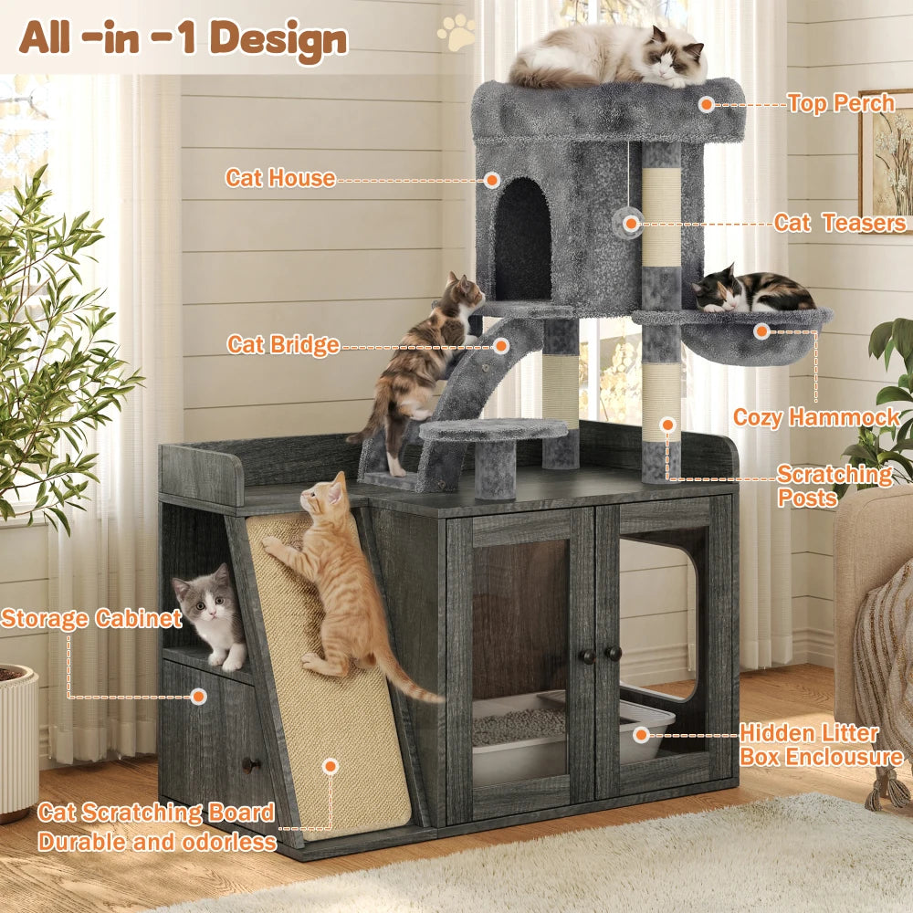 Litter Box Enclosure with Cat Tree, Hidden Litter Box