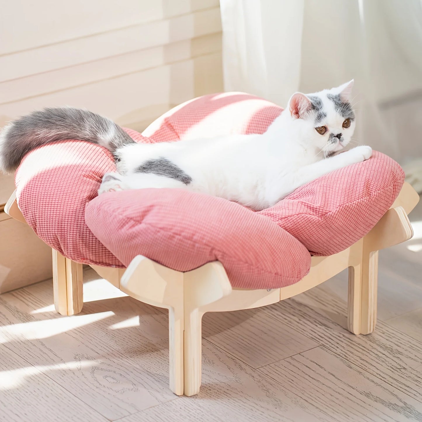 Raised Wooden Cat Bed with a Soft Cushion