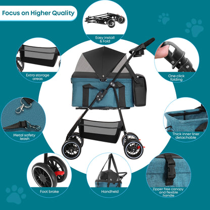 3 in 1 Pet Stroller For Pets, Detachable Carryier