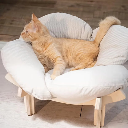 Raised Wooden Cat Bed with a Soft Cushion