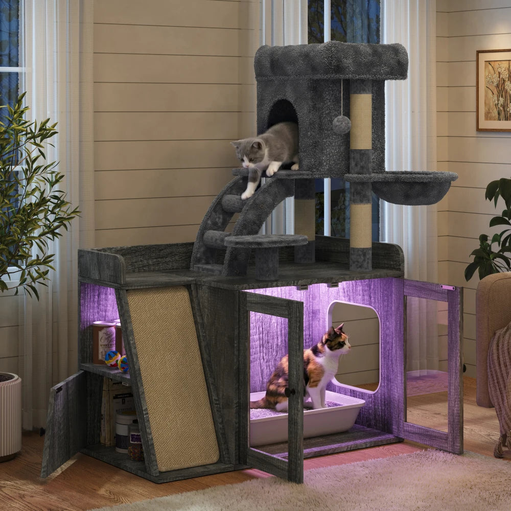 Litter Box Enclosure with Cat Tree, Hidden Litter Box