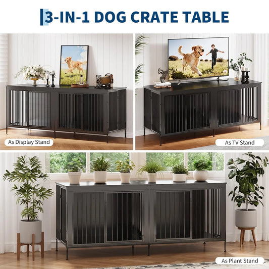 78.74" XL Double Dog Crate Furniture  Removable Divider TV Stand