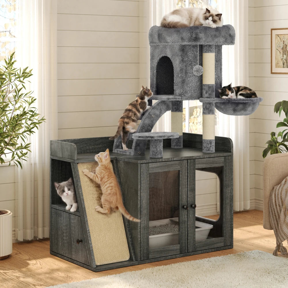 Litter Box Enclosure with Cat Tree, Hidden Litter Box