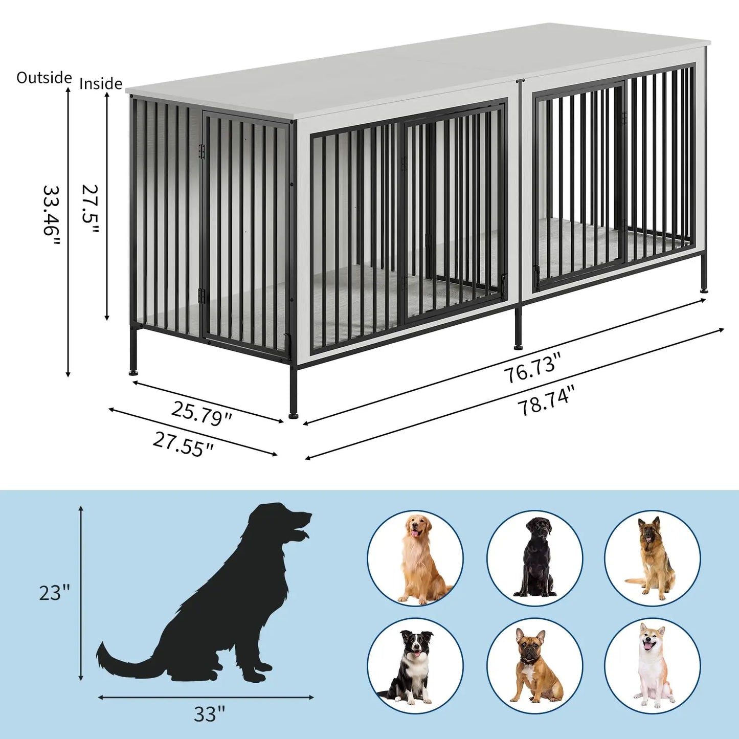 78.74" XL Double Dog Crate Furniture  Removable Divider TV Stand