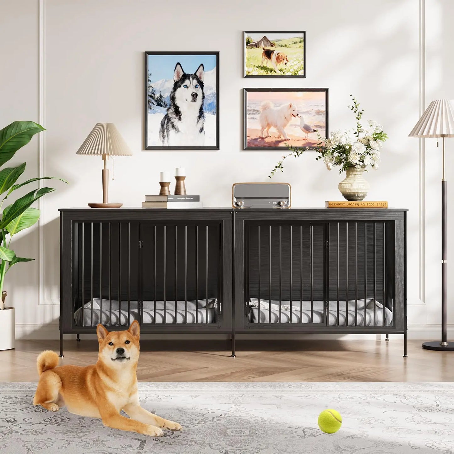 78.74" XL Double Dog Crate Furniture  Removable Divider TV Stand