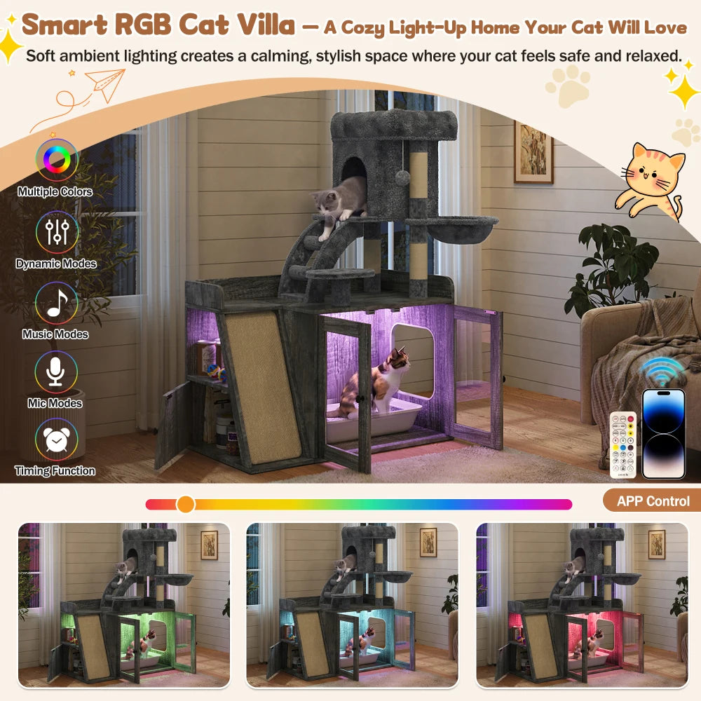 Litter Box Enclosure with Cat Tree, Hidden Litter Box