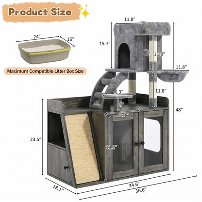 Litter Box Enclosure with Cat Tree, Hidden Litter Box