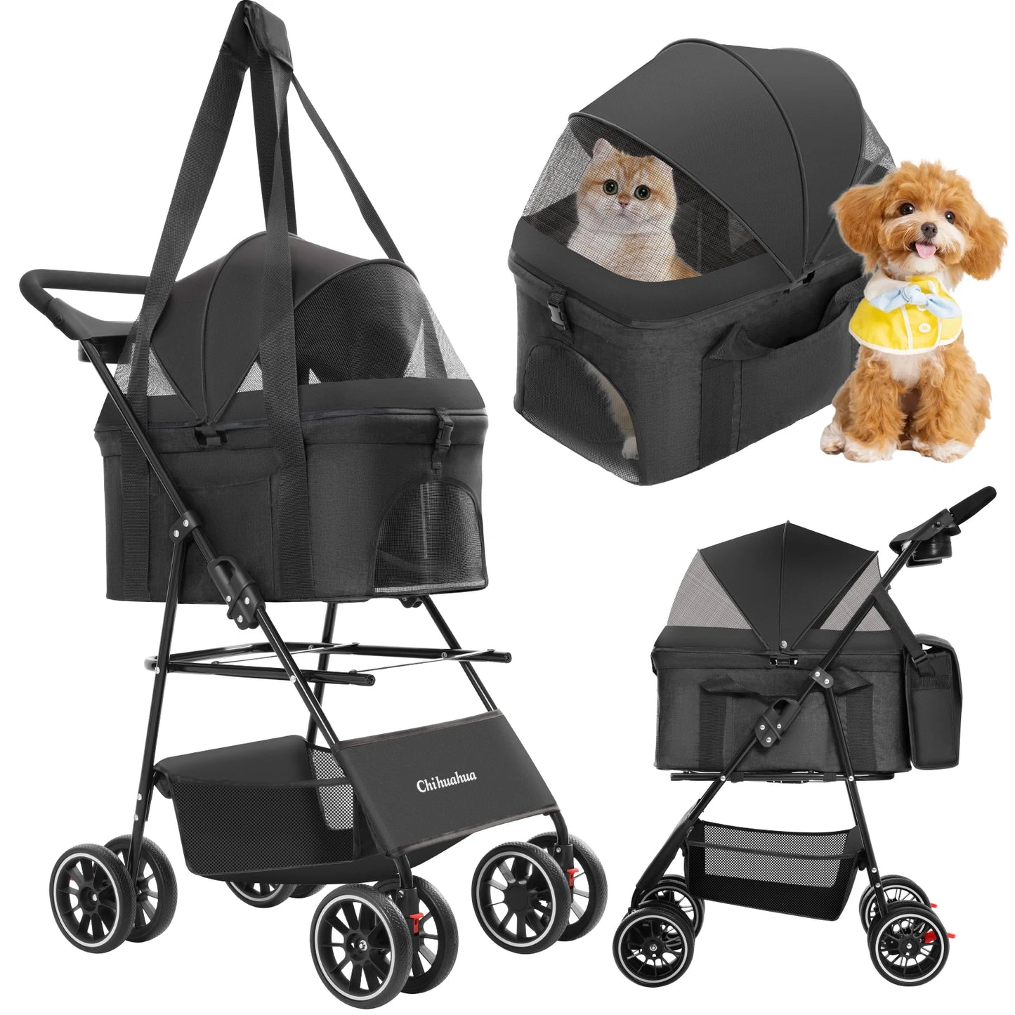 3 in 1 Pet Stroller For Pets, Detachable Carryier