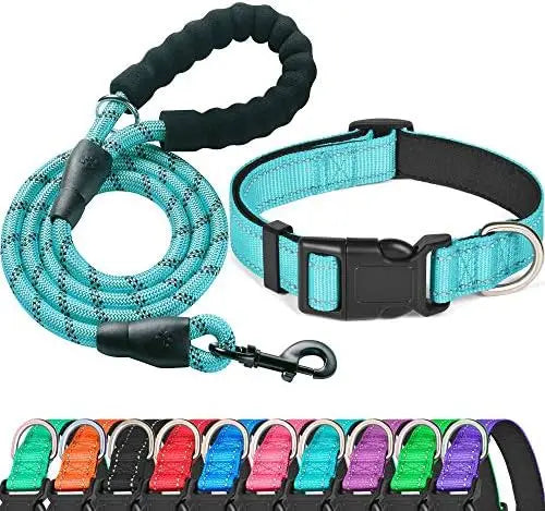 Soft padded reflective collar for dogs+ leash.